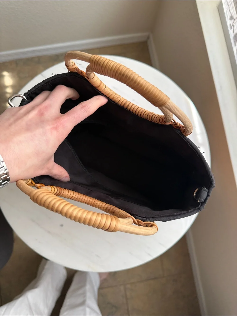 Woven Straw Circle-Handle Tote Bag in Natural